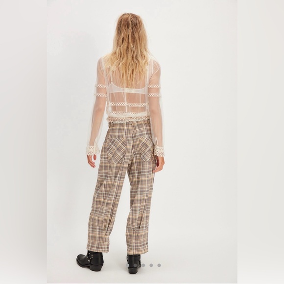 Free People Nice Choice Pull On Barrel Pants in Cream Plaid Combo